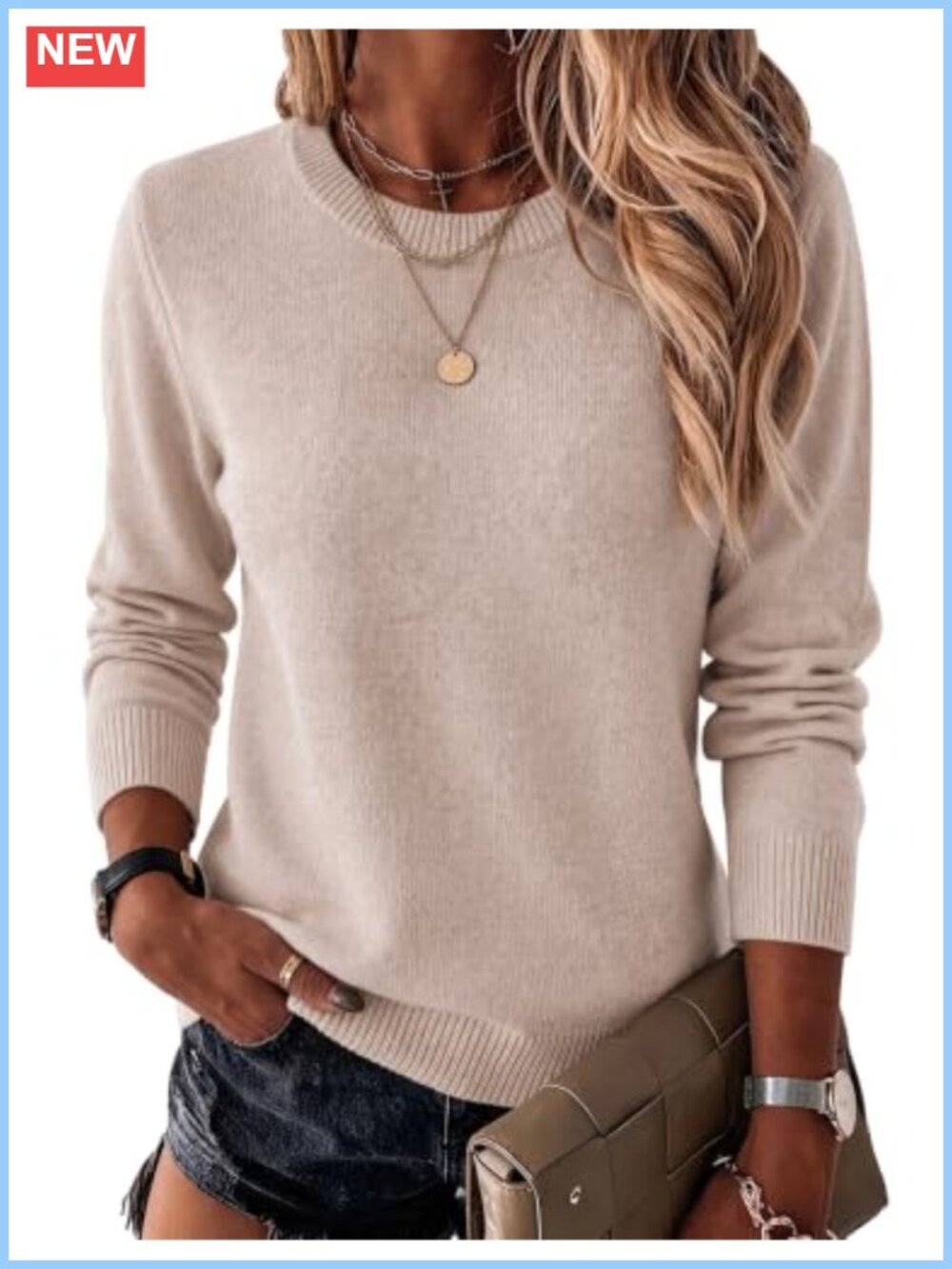 Wool Blend Pullover Sweater Long Sleeve Crewneck Knit Top